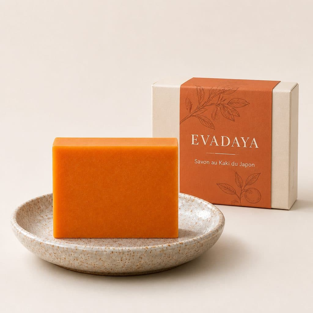 Le pain de savon Evadaya au kaki devant sa boîte
